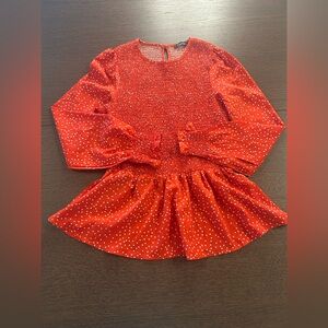 Fashion Women Red Polka Dot Smoked Top Long Sleeve Size Medium